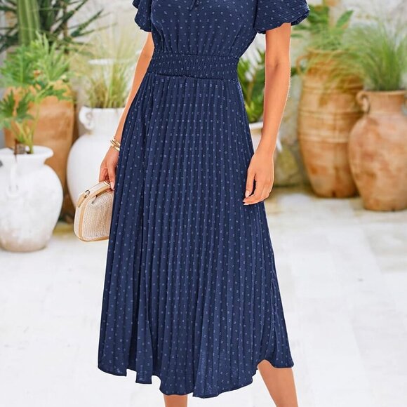 Womens Summer Midi Dresses Puff Short Sleeve V Neck Swiss Dot Pleated A Line Flo - Picture 5 of 8